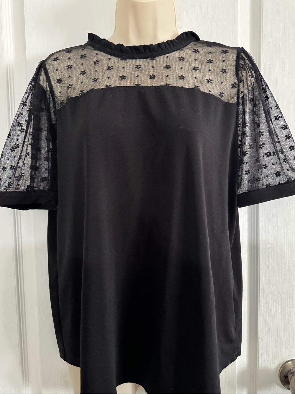 Adrianna Papell Black Ruffled Neck Mesh Accent Top